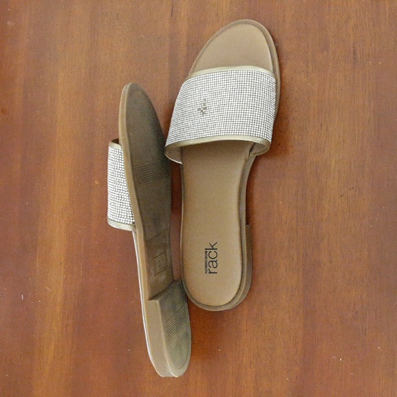 Nordstrom Rack Gold Slides Rhinestones Single Band Sandals sz 10M - Picture 3 of 11